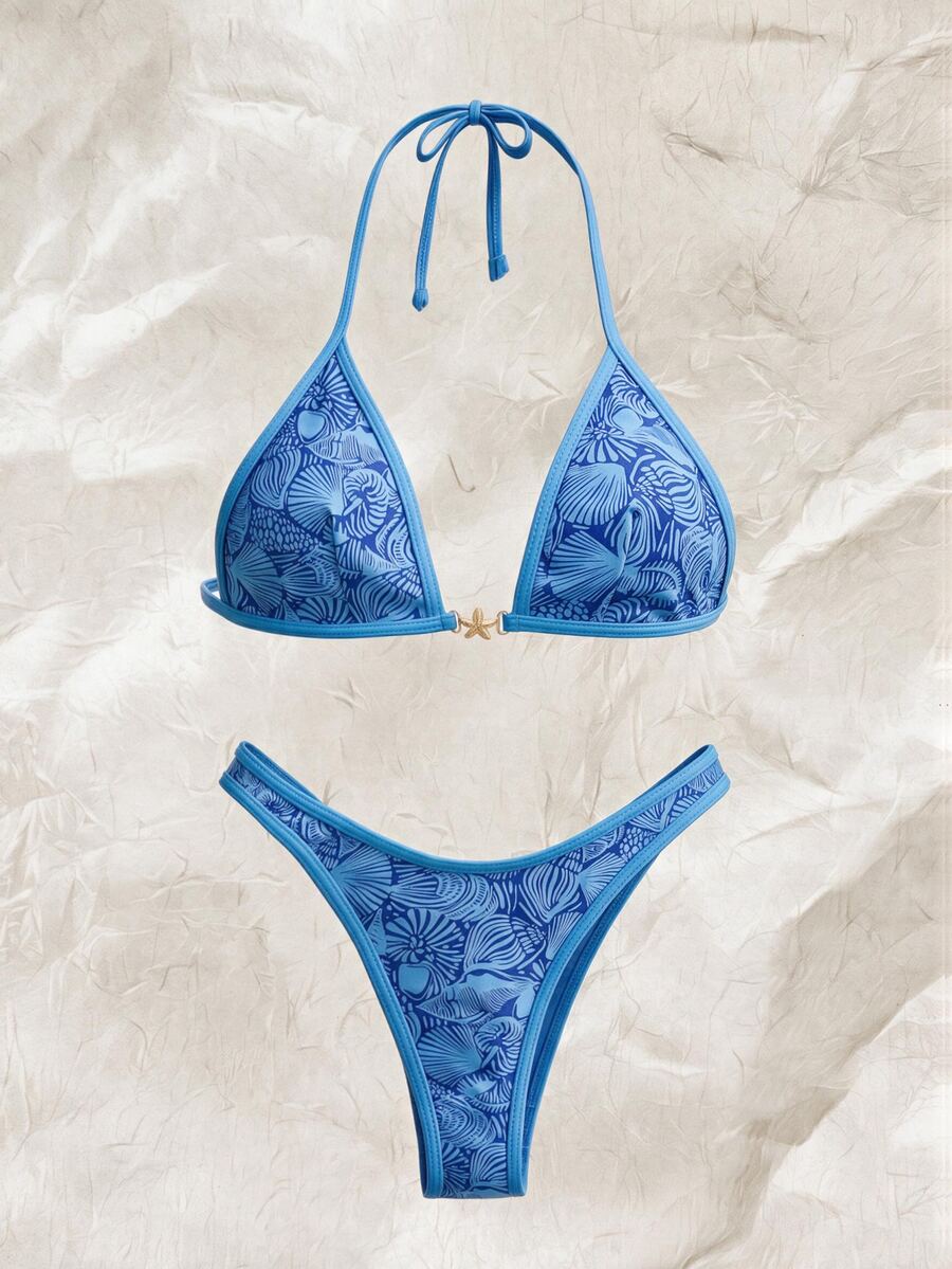 SHEIN Swim Spring/Summer Digital Print Triangle Wire-Free Halter Top And Thong Bikini Set For Women Beach Vacation Swimming