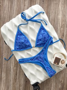 SHEIN Swim Spring/Summer Digital Print Triangle Wire-Free Halter Top And Thong Bikini Set For Women Beach Vacation Swimming - Blue - View 5