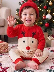 SHEIN بيجامة قطعة واحدة ضيقة بتصميم كرتوني لرنة عيد الميلاد للأولاد الصغار - متعدد الألوان - مشاهدة 5