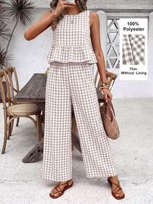 SHEIN Holidaya Women's Plaid Ruched Crew Neck Top And Pants 2 Pieces Casual Outfit - Multicolor - View 7