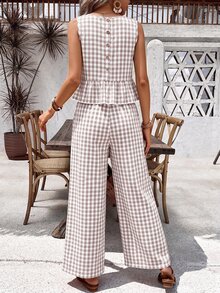 SHEIN Holidaya Women's Plaid Ruched Crew Neck Top And Pants 2 Pieces Casual Outfit - Multicolor - View 2