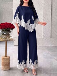Modelyn 女款蕾絲拼接上衣與長褲休閒日常穿搭套裝 - 藏蓝色 - 查看 5