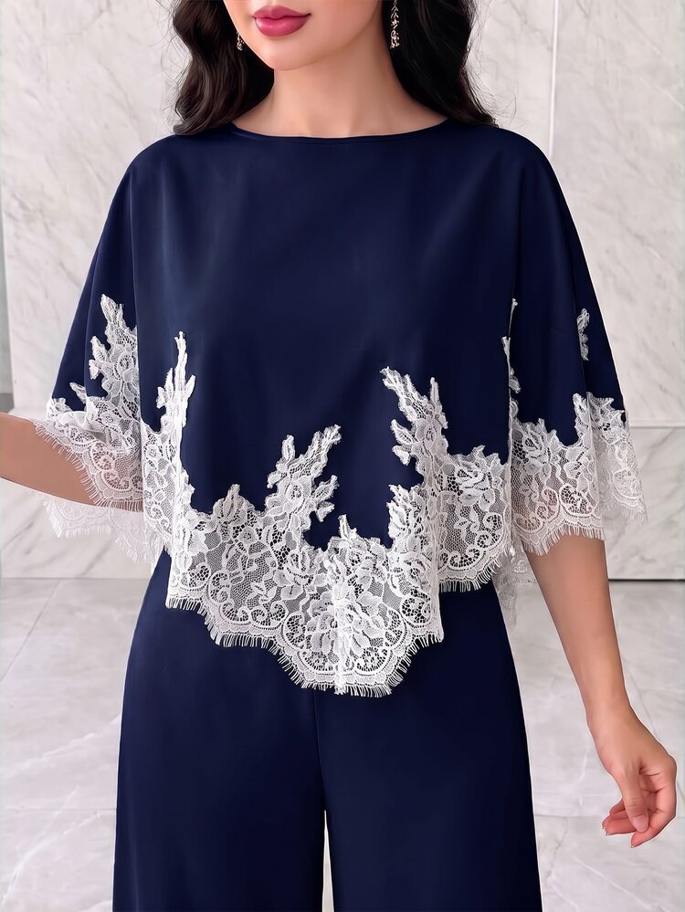 Modelyn Women's Lace Patchwork Top And Pants Casual Daily Outfit - Navy Blue - View 6