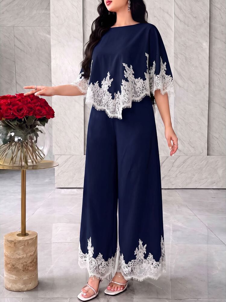Modelyn Women's Lace Patchwork Top And Pants Casual Daily Outfit - Navy Blue - View 7