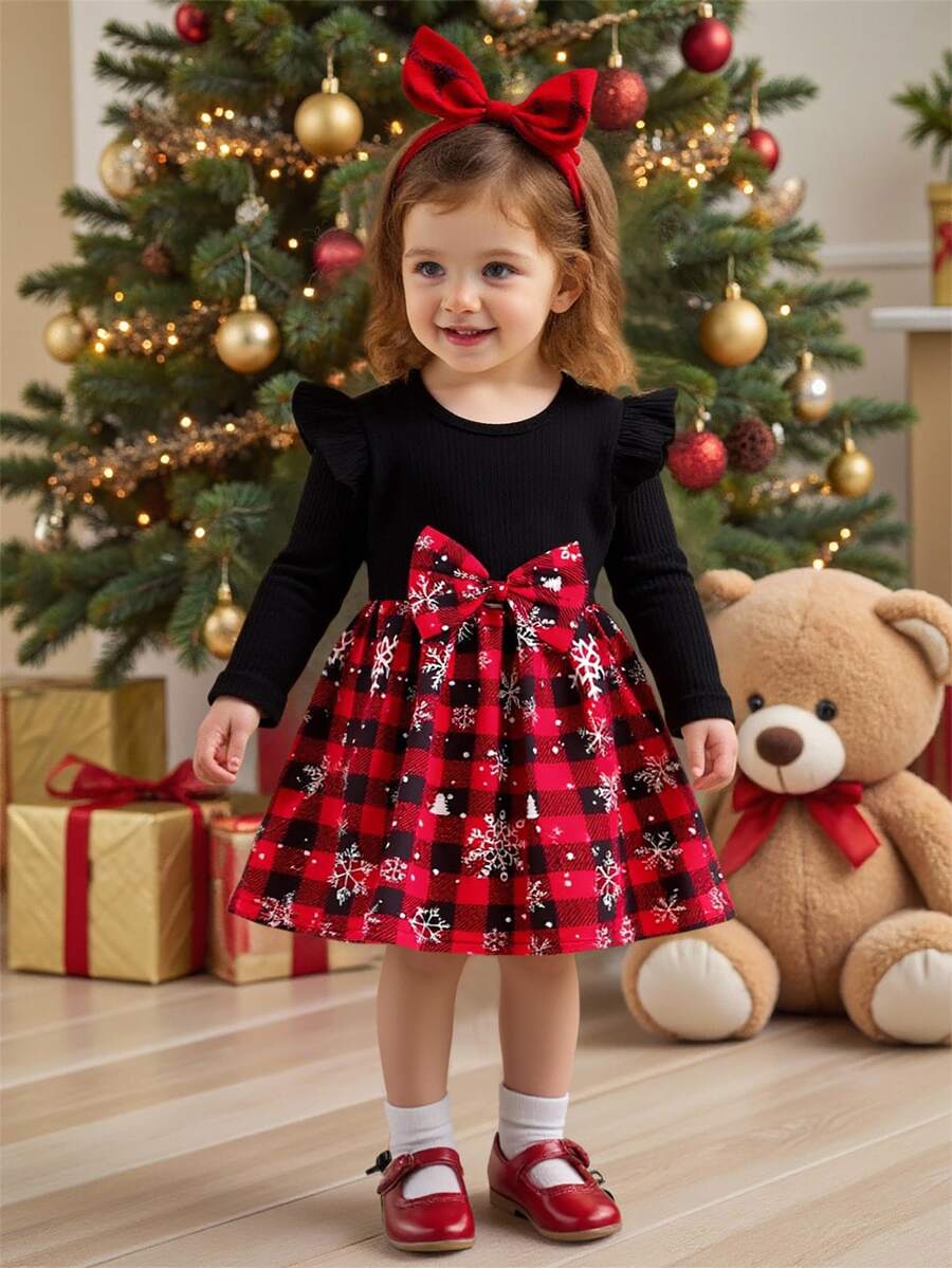 SHEIN Baby Girl Christmas Plaid Dress Snowflake Print Long Sleeve Ruffle Shoulder Large Bow A-Line Princess Dress Holiday Party Outfit - Multicolor - View 1