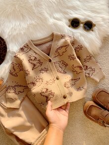 SHEIN 男女嬰幼兒秋冬休閒可愛恐龍圖案保暖內裡加厚針織開襟毛衣，嬰兒冬季毛衣，聖誕 - 卡其色 - 查看 6