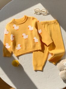 SHEIN 男女嬰兒/幼兒 2件組秋冬休閒可愛鴨子圖案針織毛衣套裝，嬰兒冬季毛衣套裝，聖誕 - 黃色 - 查看 3