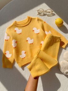 SHEIN 男女嬰兒/幼兒 2件組秋冬休閒可愛鴨子圖案針織毛衣套裝，嬰兒冬季毛衣套裝，聖誕 - 黃色 - 查看 5