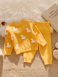 SHEIN 男女嬰兒/幼兒 2件組秋冬休閒可愛鴨子圖案針織毛衣套裝，嬰兒冬季毛衣套裝，聖誕 - 黃色 - 查看 7