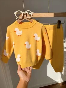 SHEIN 男女嬰兒/幼兒 2件組秋冬休閒可愛鴨子圖案針織毛衣套裝，嬰兒冬季毛衣套裝，聖誕 - 黃色 - 查看 4