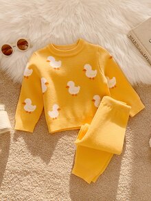 SHEIN 男女嬰兒/幼兒 2件組秋冬休閒可愛鴨子圖案針織毛衣套裝，嬰兒冬季毛衣套裝，聖誕 - 黃色 - 查看 6