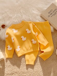 SHEIN 男女嬰兒/幼兒 2件組秋冬休閒可愛鴨子圖案針織毛衣套裝，嬰兒冬季毛衣套裝，聖誕 - 黃色 - 查看 1