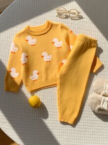SHEIN 男女嬰兒/幼兒 2件組秋冬休閒可愛鴨子圖案針織毛衣套裝，嬰兒冬季毛衣套裝，聖誕 - 黃色 - 查看 8