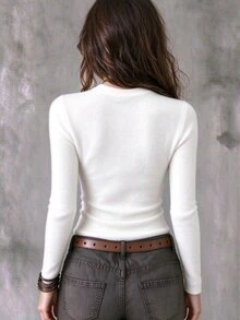 Glimmora Women's Colorful Fuzzy Long Sleeve Crew Neck T-Shirt, Spring/Autumn Faux Fur Knit Slim Fit T-Shirt, Daily Wear Versatile Base Layer Fuzzy Inner Top - White - View 2