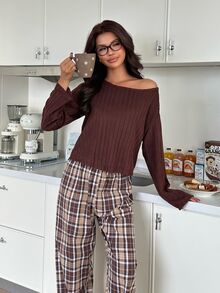 ZzzCrew 100% High Cotton Content Plaid Long Pants Casual Slouchy Asymmetrical Shoulder Ribbed Fleece Top Women's Cotton Blend Pajama Set - Coffee Brown - View 6