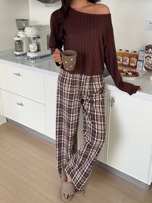 ZzzCrew 100% High Cotton Content Plaid Long Pants Casual Slouchy Asymmetrical Shoulder Ribbed Fleece Top Women's Cotton Blend Pajama Set - Coffee Brown - View 4