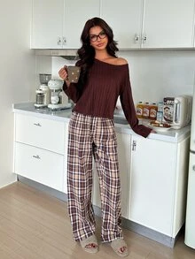 ZzzCrew 100% High Cotton Content Plaid Long Pants Casual Slouchy Asymmetrical Shoulder Ribbed Fleece Top Women's Cotton Blend Pajama Set - Coffee Brown - View 2