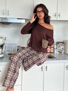 ZzzCrew 100% High Cotton Content Plaid Long Pants Casual Slouchy Asymmetrical Shoulder Ribbed Fleece Top Women's Cotton Blend Pajama Set - Coffee Brown - View 5