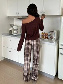 ZzzCrew 100% High Cotton Content Plaid Long Pants Casual Slouchy Asymmetrical Shoulder Ribbed Fleece Top Women's Cotton Blend Pajama Set - Coffee Brown - View 3