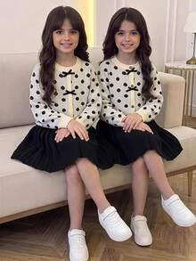 SHEIN Tween Girls Tween Girl Kids Casual Fashion Sweet Daily Crew Neck Long Sleeve Pattern 3 Bow Pullover Sweater With Waist Color Short Autumn Skirt Set - Multicolor - View 4