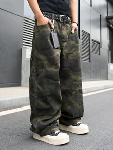 STEELVANCE 男士休闲多口袋迷彩阔腿牛仔工装裤，街头时尚 - 軍綠色 - 查看 4