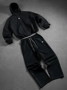 Manfinity Roughcore Y2K Contrast Color Stitching 2 Pieces Sports Set, Loose Zipper Jacket + Wide Leg Pants, Letter Embroidery Street Style Casual Outfit - Black - View 4