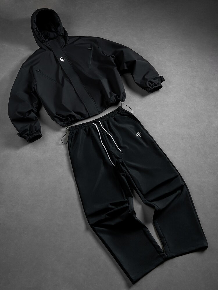 Manfinity Roughcore Y2K Contrast Color Stitching 2 Pieces Sports Set, Loose Zipper Jacket + Wide Leg Pants, Letter Embroidery Street Style Casual Outfit - Black - View 4