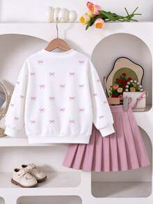 Girls (Small) Sweatshirt Set, Cream White Crew Neck Long Sleeve Sweatshirt Paired With Dusty Pink Pleated Mini Skirt, Sweet Elements Fully Loaded. - Multicolor - View 2