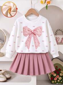 Girls (Small) Sweatshirt Set, Cream White Crew Neck Long Sleeve Sweatshirt Paired With Dusty Pink Pleated Mini Skirt, Sweet Elements Fully Loaded. - Multicolor - View 5