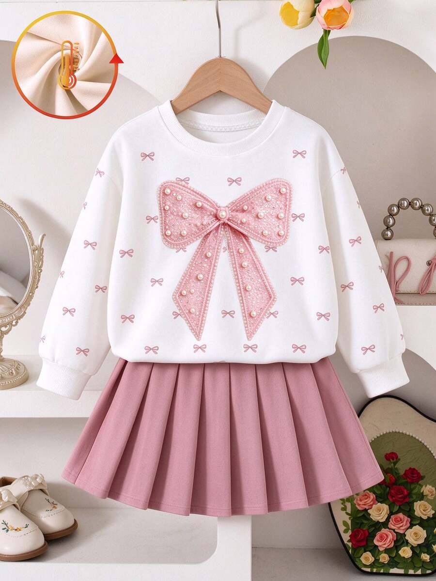 Girls (Small) Sweatshirt Set, Cream White Crew Neck Long Sleeve Sweatshirt Paired With Dusty Pink Pleated Mini Skirt, Sweet Elements Fully Loaded. - Multicolor - View 1
