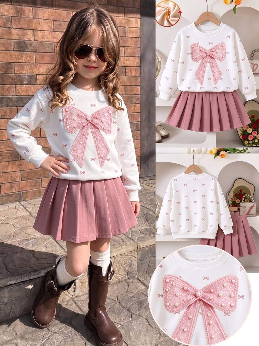 Girls (Small) Sweatshirt Set, Cream White Crew Neck Long Sleeve Sweatshirt Paired With Dusty Pink Pleated Mini Skirt, Sweet Elements Fully Loaded. - Multicolor - View 1
