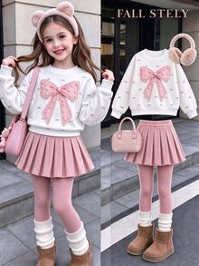 Girls (Small) Sweatshirt Set, Cream White Crew Neck Long Sleeve Sweatshirt Paired With Dusty Pink Pleated Mini Skirt, Sweet Elements Fully Loaded. - Multicolor - View 3