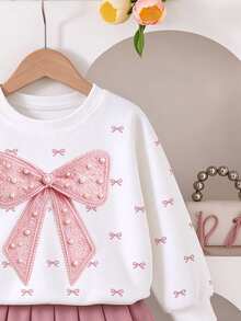 Girls (Small) Sweatshirt Set, Cream White Crew Neck Long Sleeve Sweatshirt Paired With Dusty Pink Pleated Mini Skirt, Sweet Elements Fully Loaded. - Multicolor - View 6