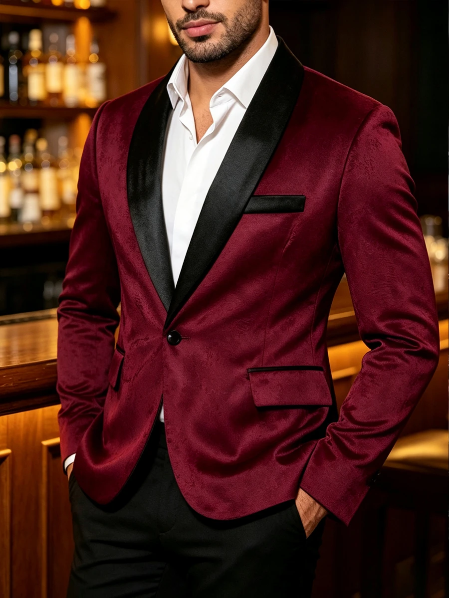 Manfinity AFTRDRK Jaket Jas Pria Mewah Berbahan Beludru dengan Kerah Syal, Serbaguna untuk Pesta - Burgundy - View 1