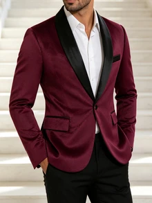 Manfinity AFTRDRK Jaket Jas Pria Mewah Berbahan Beludru dengan Kerah Syal, Serbaguna untuk Pesta - Burgundy - View 6