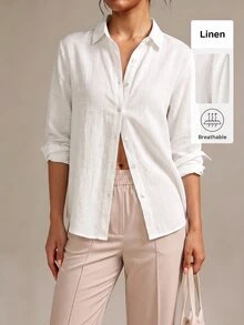 SHEIN BASICS Women's White Single-Breasted Casual Modest Minimalist All-Match Versatile Daily Commute Office Brunch Shirt Linen Going Out Outfits Teachers' Day Autumn - White - View 3