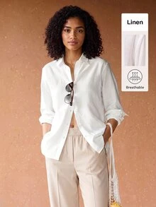 SHEIN BASICS Women's White Single-Breasted Casual Modest Minimalist All-Match Versatile Daily Commute Office Brunch Shirt Linen Going Out Outfits Teachers' Day Autumn - White - View 5