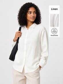 SHEIN BASICS Women's White Single-Breasted Casual Modest Minimalist All-Match Versatile Daily Commute Office Brunch Shirt Linen Going Out Outfits Teachers' Day Autumn - White - View 4