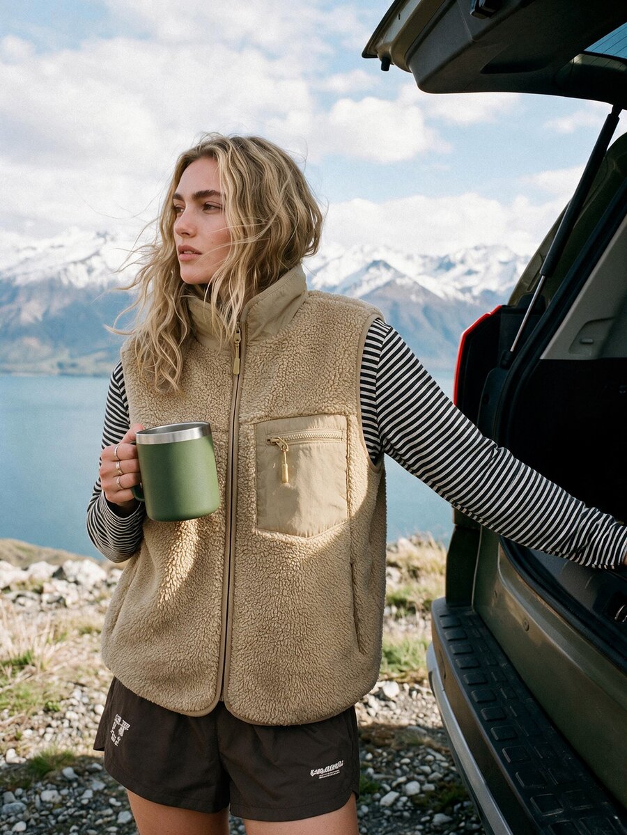 WanderVale Women's Outdoor Khaki Winter Zipper Pocket Vest - Khaki - View 1