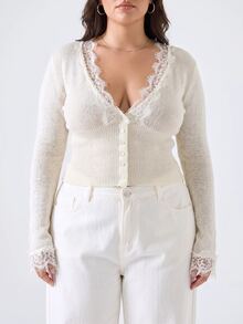 SHEIN PETITE CURVE 大尺碼修身V領蕾絲拼接針織開襟衫 正式派對白色秋季優雅A字版型 - 白色 - 查看 8