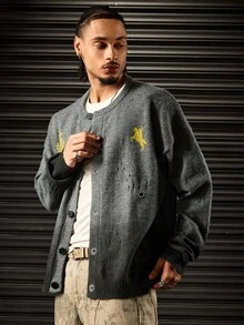 ROMWE MEN Fashion Street Spray Monkey Print Distressed Knit Cardigan - Multicolor - View 8