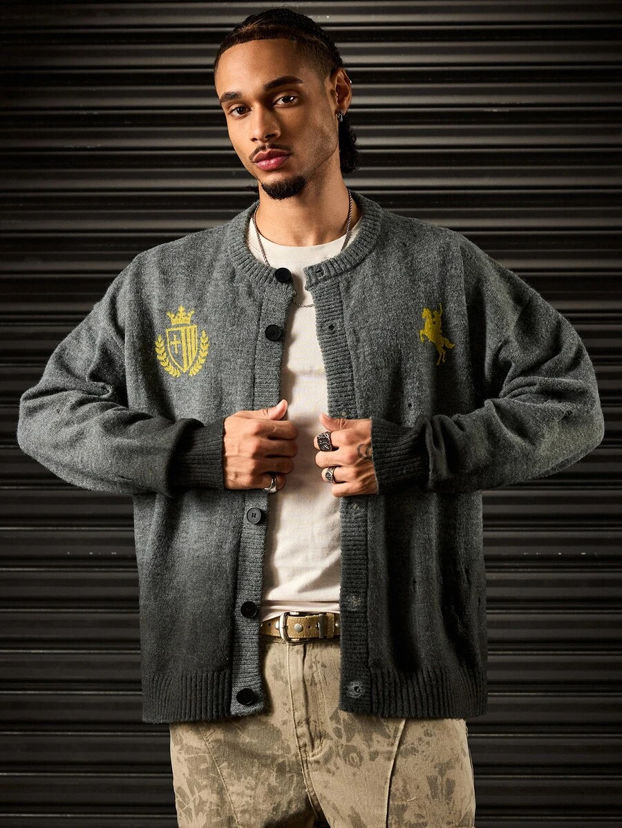 ROMWE MEN Fashion Street Spray Monkey Print Distressed Knit Cardigan - Multicolor - View 1
