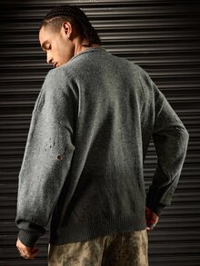 ROMWE MEN Fashion Street Spray Monkey Print Distressed Knit Cardigan - Multicolor - View 2