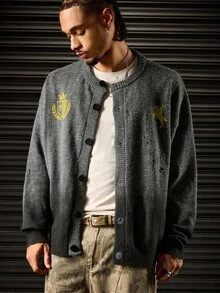 ROMWE MEN Fashion Street Spray Monkey Print Distressed Knit Cardigan - Multicolor - View 7