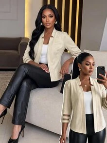 SHEIN Lady CURVE 大尺碼秋季休閒通勤西裝外套 - 卡其色 - 查看 1