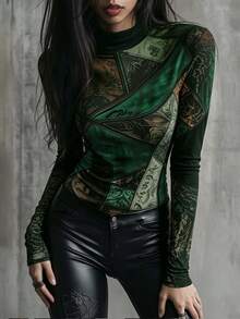 Trelyra New Autumn Slim-Fit T-Shirt With Green Patchwork And Multi-Graphic Prints – Retro Street-Style Casual Top (Night Black) - Dark Green - View 4