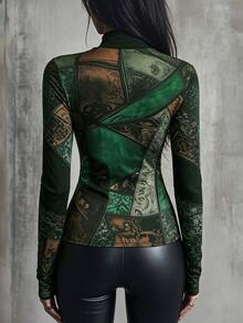 Trelyra New Autumn Slim-Fit T-Shirt With Green Patchwork And Multi-Graphic Prints – Retro Street-Style Casual Top (Night Black) - Dark Green - View 2