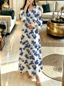 Lacomfia 女款白色優雅V領長袖花卉圖案洋裝，可作為外套或內搭穿著，適合約會、度假、日常、休閒、派對、節日穿搭，春夏季女款長洋裝，復古花卉長洋裝，清新花卉圖案洋裝，白色小花洋裝 - 白色 - 查看 5