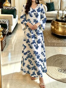 Lacomfia 女款白色優雅V領長袖花卉圖案洋裝，可作為外套或內搭穿著，適合約會、度假、日常、休閒、派對、節日穿搭，春夏季女款長洋裝，復古花卉長洋裝，清新花卉圖案洋裝，白色小花洋裝 - 白色 - 查看 4