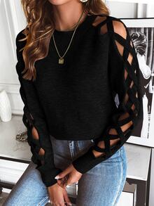 SHEIN Holidaya Cut Out Raglan Sleeve Crisscross Sweater,Long Sleeve Tops Knit Pullover Fall Winter Sweater - Black - View 2